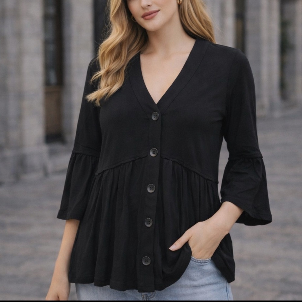 Compli K Black Lagenlook Babydoll Top Bamboo Button Boho Minimalist 36114